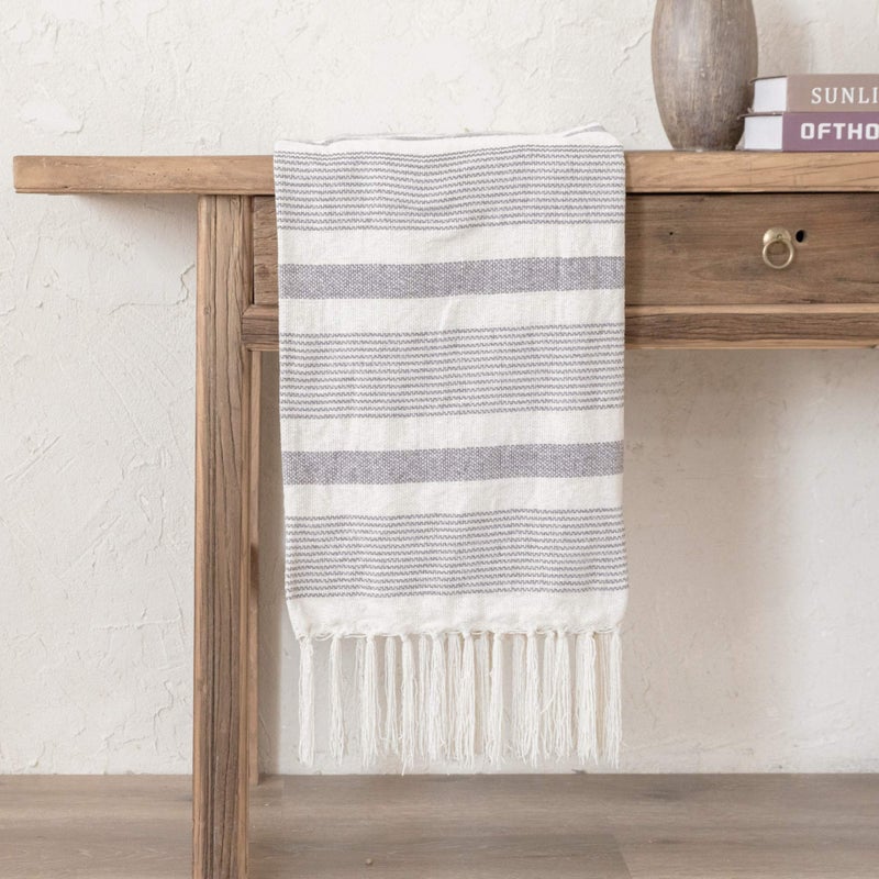 Snugtown Decorative Grey Ivory Striped Throw with Fringe, Soft Chenille Knitted Farmhouse Lightweight Blanket with Tassels for Couch Sofa Chair Bed Office Home DÃ©cor, Gray and Off White,50" x 60" - Image 5